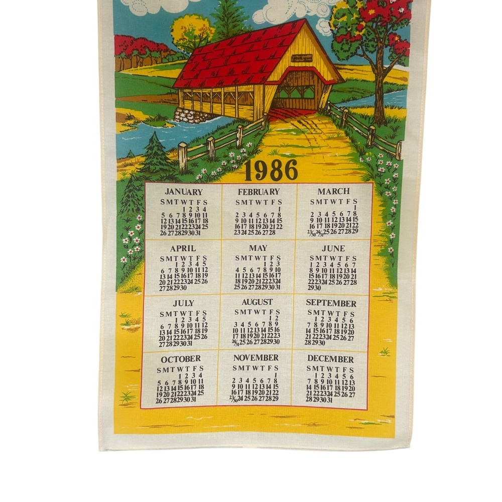 1986 Vintage Calendar Kitchen Towel Covered Bridge Rural Scene Grandmacore Linen